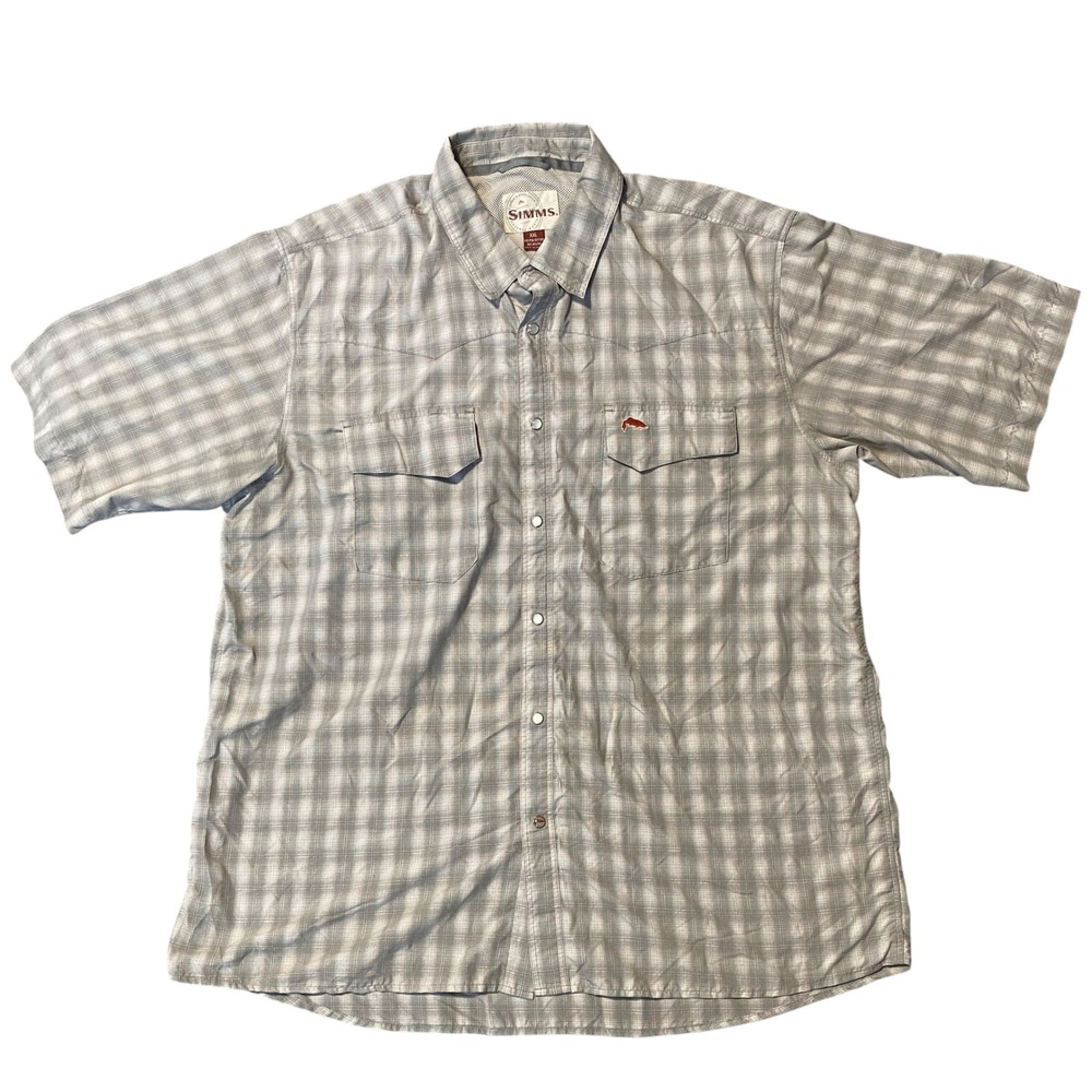 Simms Fishing Shirt Mens Grey Plaid Pearl Snap Short Sleeve Vented Back Size XXL